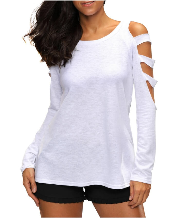 Round Neck Cutout Sleeve White T Shirt
